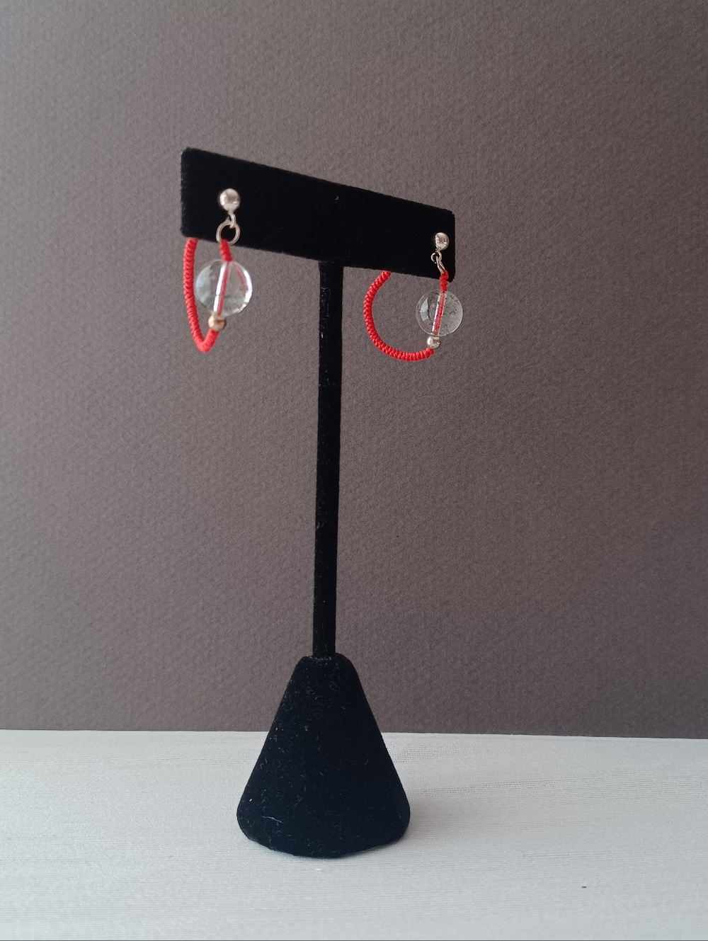 Natural green phantom quartz & Sterling silver & hand woven red threads earring